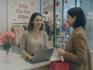 Vendedor utilizando ERP para atendimento no Dia das Mães em loja decorada