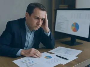 Empresário preocupado com relatórios que evidenciam má gestão empresarial