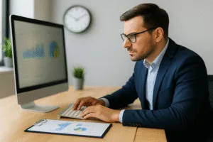 Empresário analisando dados no computador para melhorar a produtividade da empresa