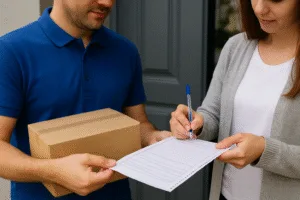 Entregador coletando assinatura no canhoto da nota fiscal