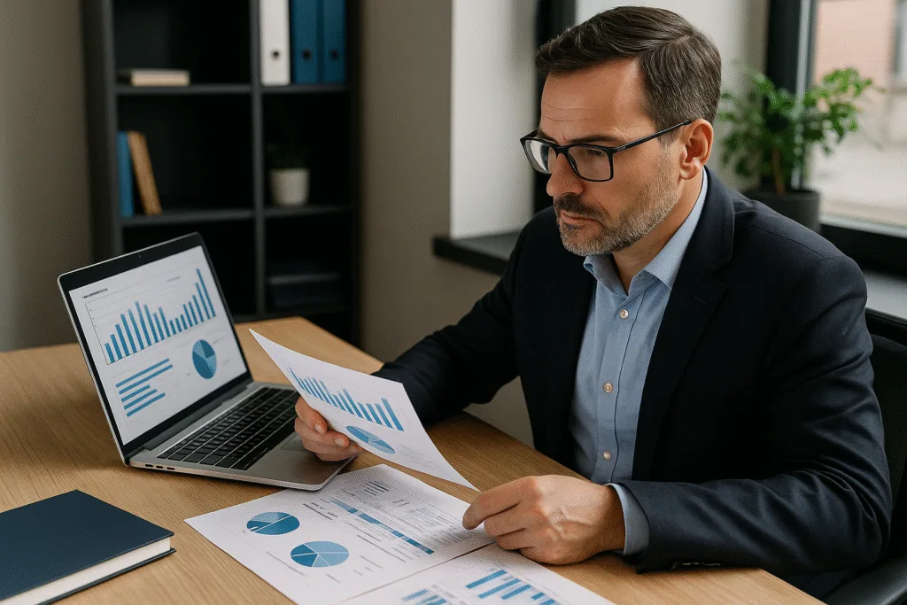 Empresário analisando relatórios financeiros, representando o backoffice de uma empresa