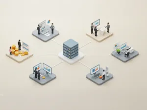 Ilustração mostrando diferentes setores integrados por um sistema ERP.