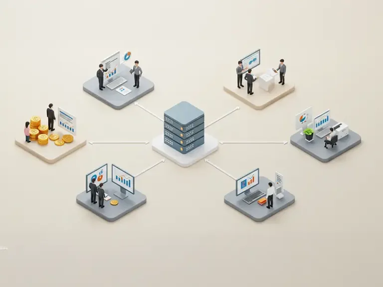 Ilustração mostrando diferentes setores integrados por um sistema ERP.