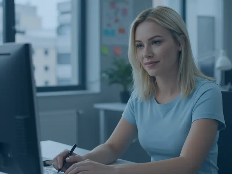 Empresária analisando informações centralizadas em um sistema de gestão