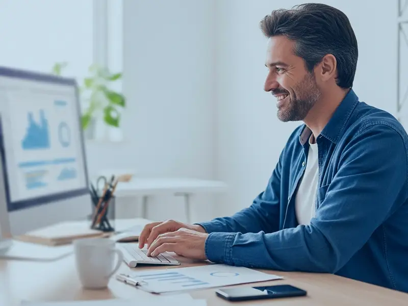 Empresário usando sistema ERP para planejar vendas do Dia dos Pais