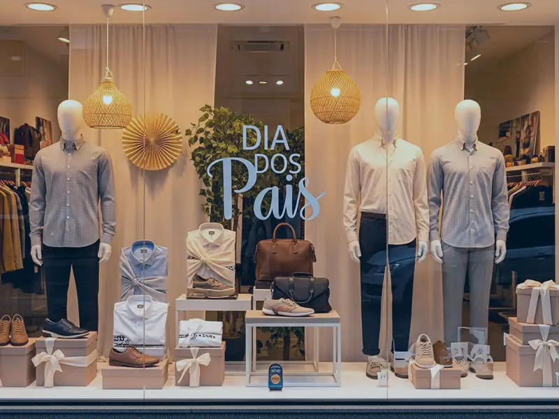 Loja com vitrine temática para o Dia dos Pais com produtos masculinos