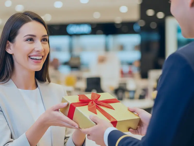 Cliente recebendo kit de produtos como parte de promoção