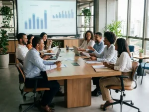 Equipe de força de vendas analisando estratégias comerciais