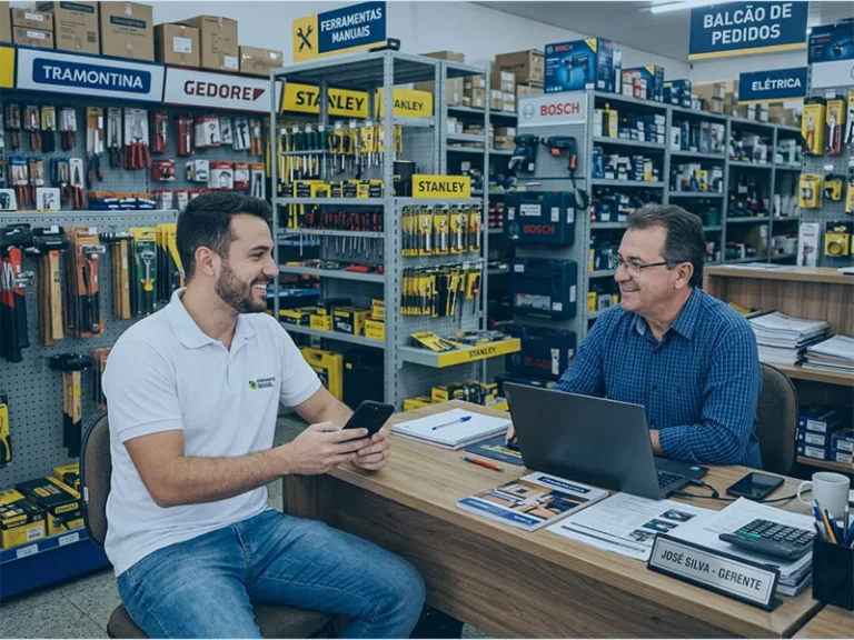 Vendedor usando aplicativo para força de vendas em atendimento externo