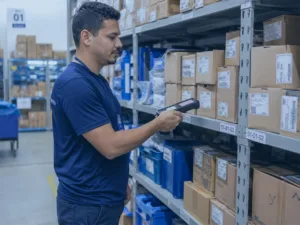 Conferência de mercadorias em estoque organizado com apoio de tecnologia