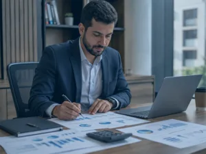 Gestor analisando relatórios de gestão financeira com ERP em ambiente corporativo