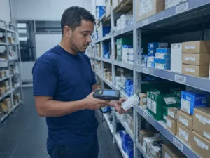 Colaborador realizando inventário rotativo com coletor de dados em estoque organizado