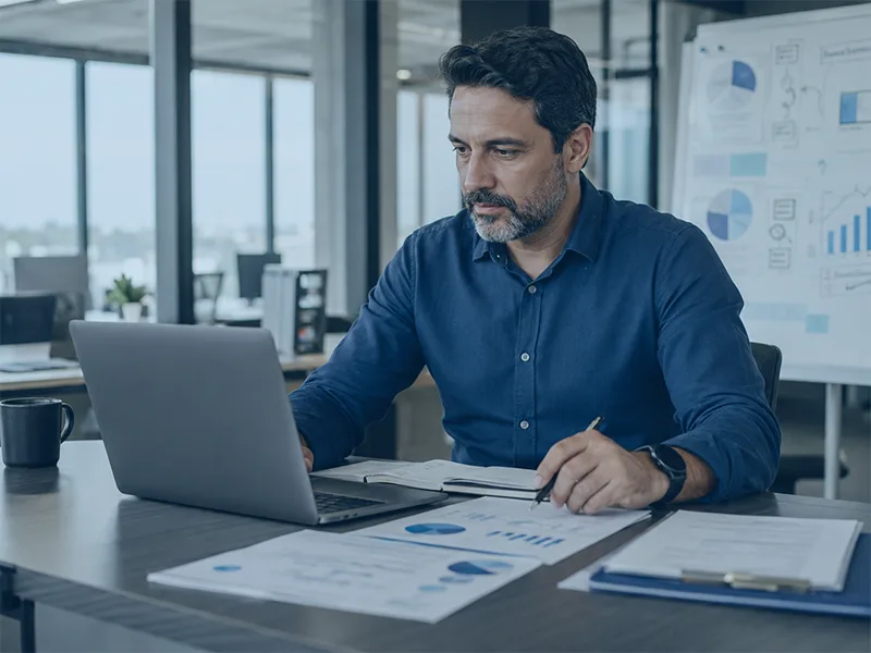 Gestor analisando informações para trocar de ERP sem perder dados