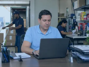 Gestor acompanhando canhoto de nota fiscal digital em sistema ERP para controle de entregas