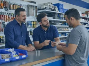 Gestor e vendedor atendendo cliente no balcão de uma loja de ferragens e ferramentas organizada