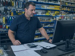 Gestor analisando compras em loja de ferragens sem comprometer o caixa