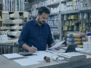 compras para loja de material de construção com gestor analisando estoque e caixa