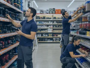 Equipe conferindo estoque em loja de ferragens e ferramentas com coletor de dados