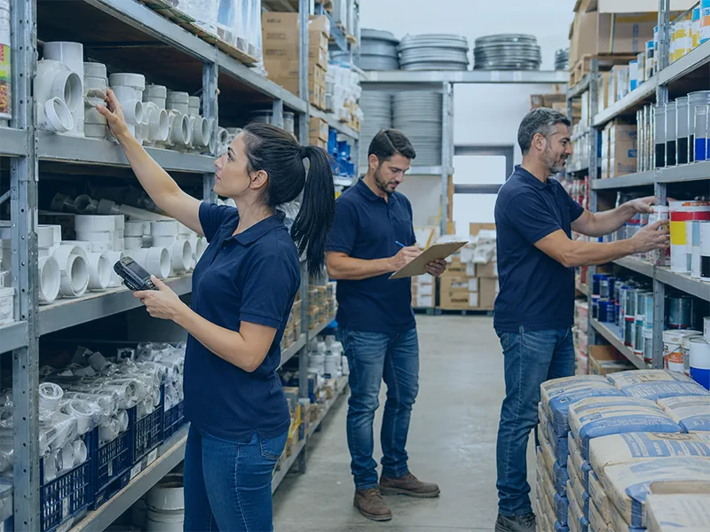 Equipe realizando controle de estoque em loja de material de construção