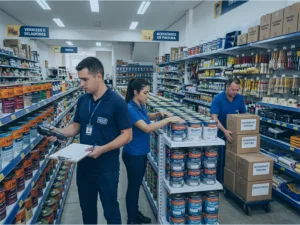 Controle de estoque para loja de tintas com equipe organizando produtos