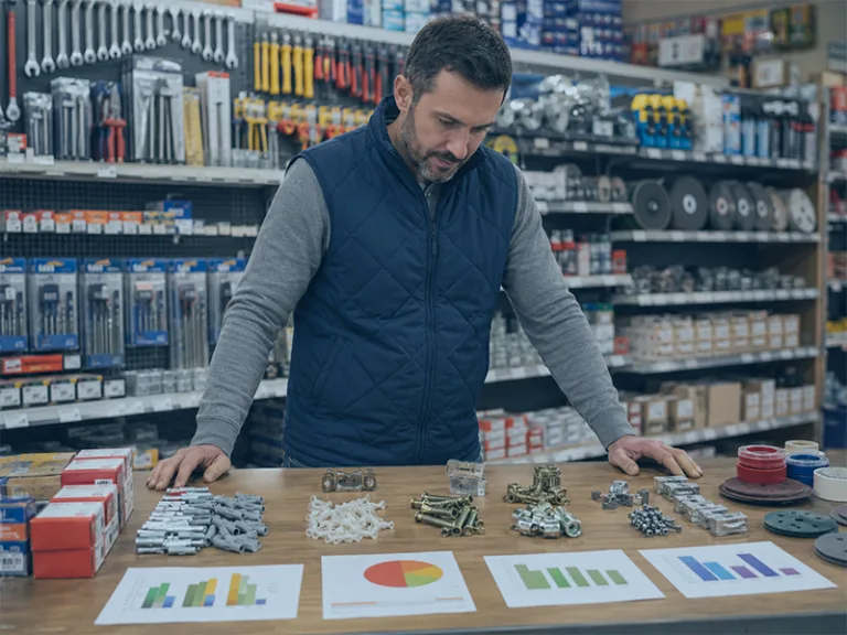 Gestor analisando produtos e estoque com Curva ABC em loja de ferragens