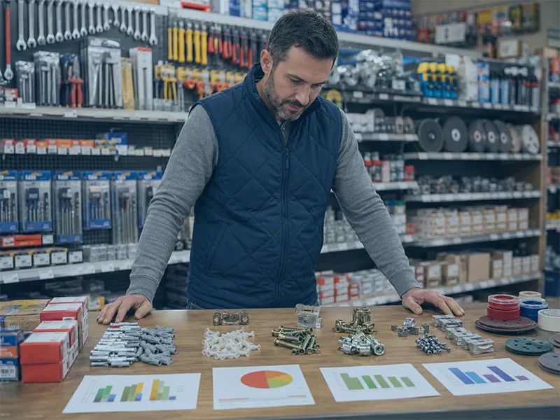 Gestor analisando produtos e estoque com Curva ABC em loja de ferragens
