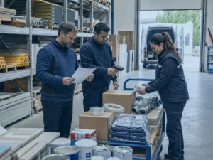 Equipe conferindo pedidos para entrega em loja de materiais de construção.