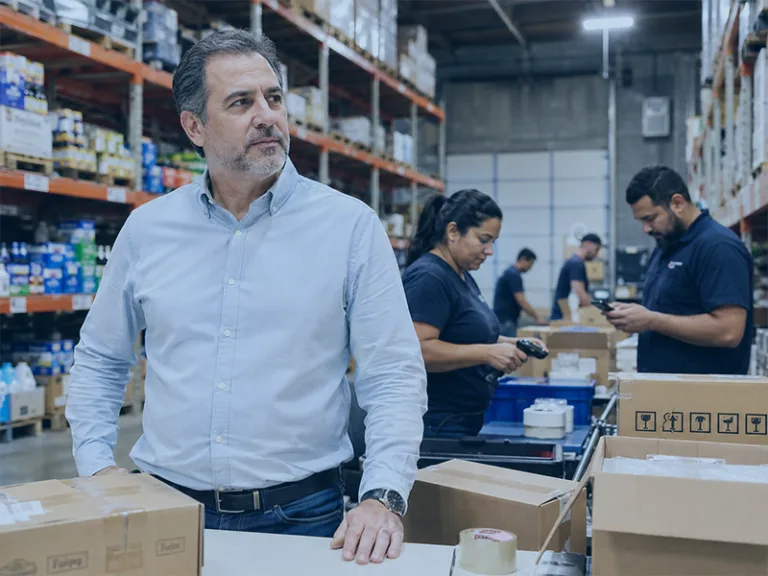 Gestor de distribuidora acompanhando pedidos estoque e expedição com equipe separando mercadorias