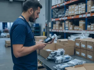Profissional conferindo produtos devolvidos com coletor de dados para ajuste de estoque no ERP