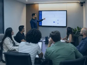 Presenter points to a large screen with a slide as six colleagues listen around a conference table in a modern boardroom.