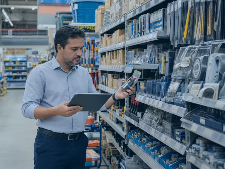 Gestor analisando produtos com estoque parado, baixa movimentação, em loja de ferragens e ferramentas.