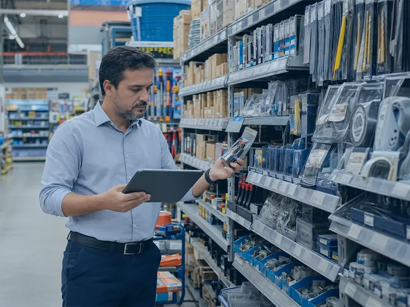 Gestor analisando produtos com estoque parado, baixa movimentação, em loja de ferragens e ferramentas.