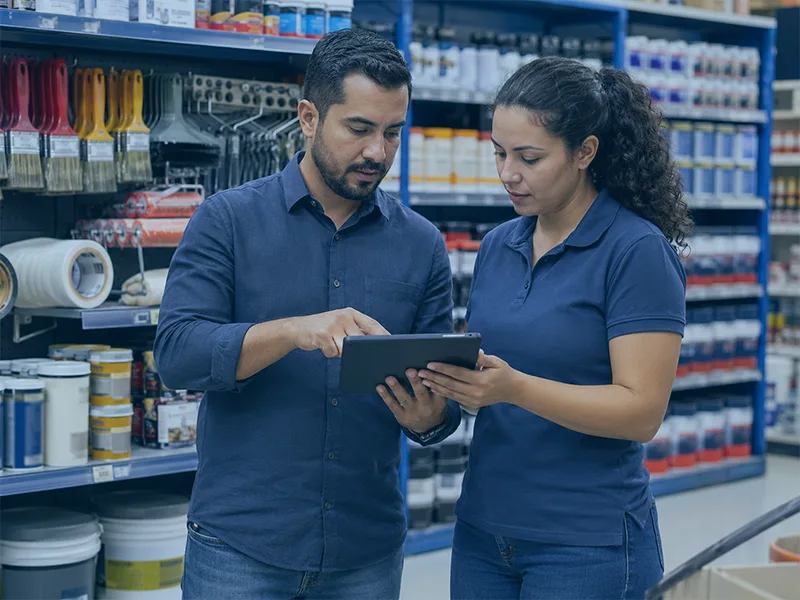 Gestor e colaboradora analisando compras em uma loja de tintas com tablet