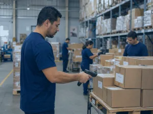 Colaborador conferindo pedidos com coletor de dados em uma distribuidora
