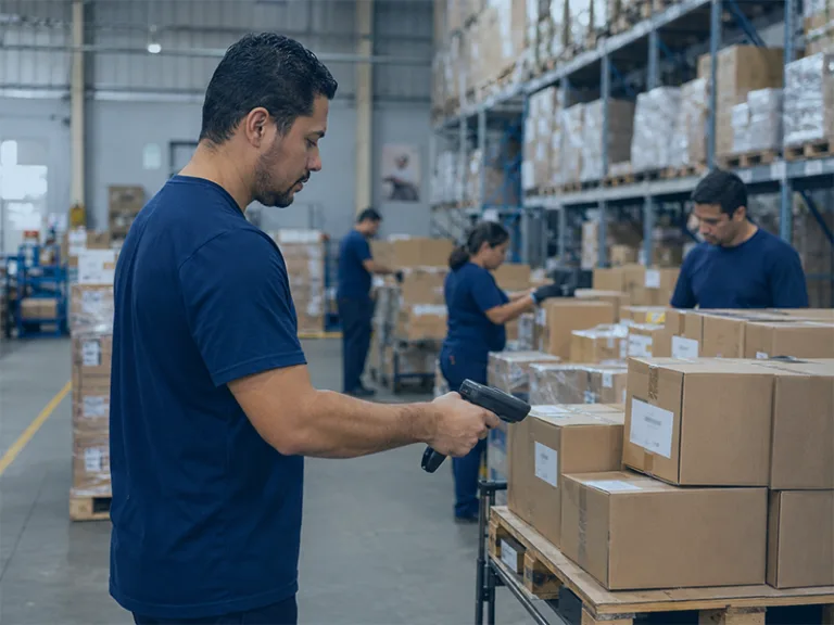 Colaborador conferindo pedidos com coletor de dados em uma distribuidora