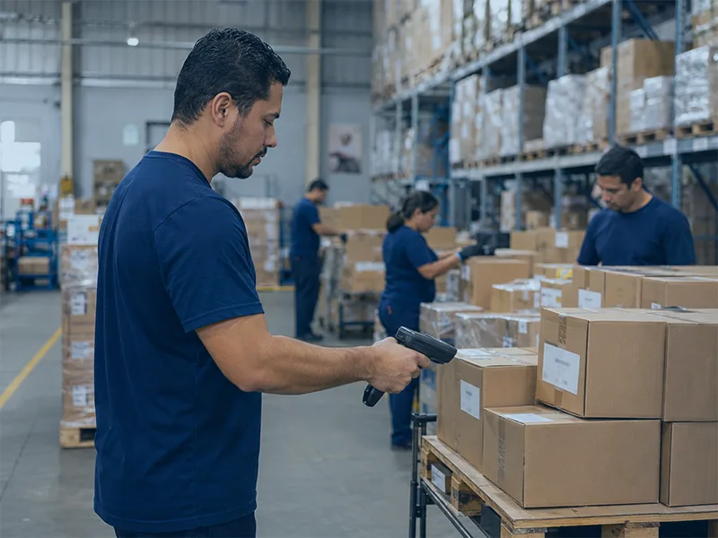 Colaborador conferindo pedidos com coletor de dados em uma distribuidora