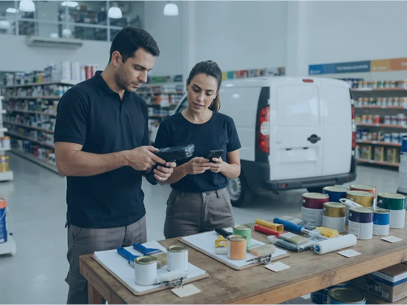 Equipe organizando volumes e rota de entrega em loja de tintas