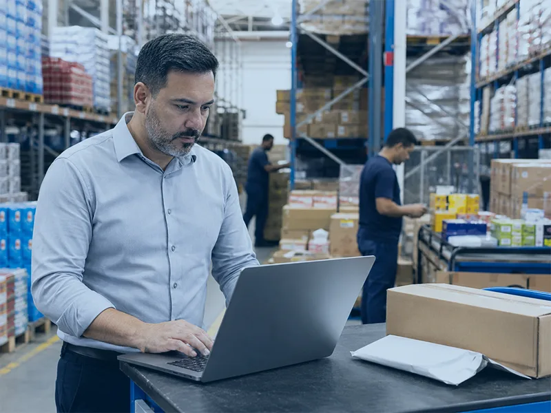 Man in a light blue shirt typing on a laptop at a warehouse packing station with boxes on shelves nearby.