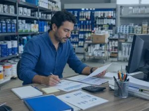 Gestor analisando indicadores para loja de tintas