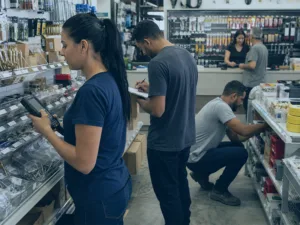 Equipe fazendo inventário em loja de ferragens organizada sem parar a operação