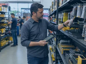 Gestor conferindo produtos e informações de estoque em uma loja de ferramentas