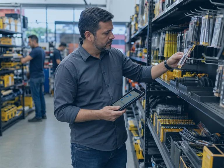 Gestor conferindo produtos e informações de estoque em uma loja de ferramentas