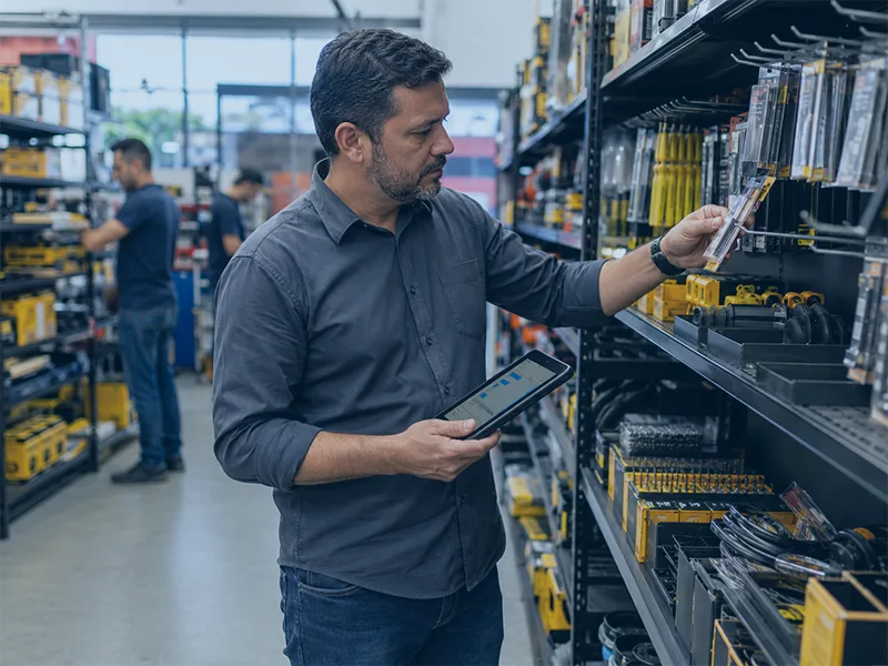 Gestor conferindo produtos e informações de estoque em uma loja de ferramentas