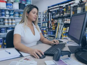 Gerente organizando cadastro de produtos em uma loja de tintas