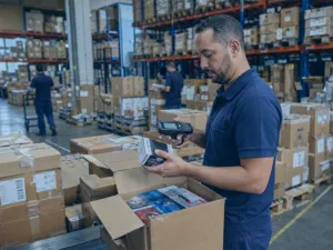 Colaborador conferindo devolução de mercadorias em distribuidora com coletor de dados em área de inspeção