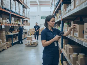 Equipe realizando inventário de estoque em distribuidora sem interromper a operação