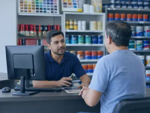 Vendedor de loja de tintas atendendo cliente