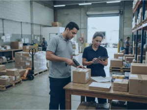 Colaboradores realizando entrada e conferência de mercadorias em uma distribuidora