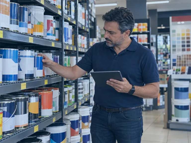 Gestor analisando o mix de produtos em loja de tintas com diferentes linhas e embalagens no estoque