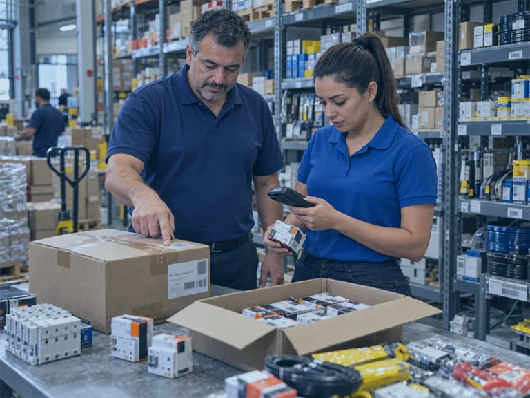 Gestor e colaboradora conferindo códigos de barras e embalagens durante o cadastro de produtos em distribuidoras
